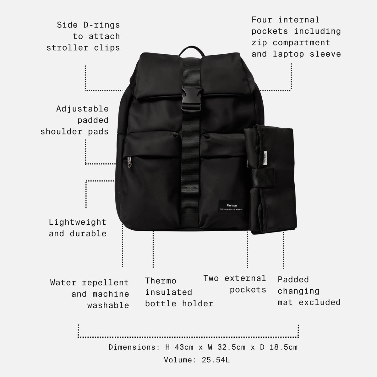 Finnson Elise Changing Backpack with Changing Mat - Black
