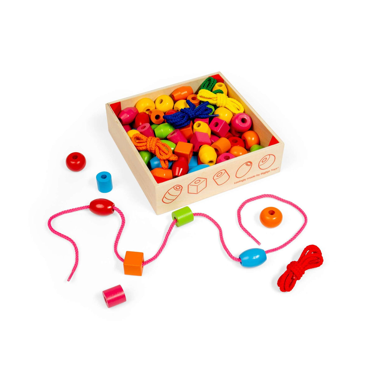 Bigjigs Toys Crate of Wooden Lacing Beads - 90 Beads
