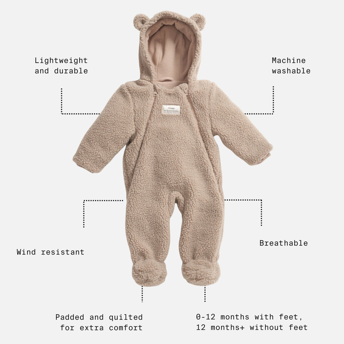 Finnson Alf Teddy Borg Pramsuit - Beige (With Feet)