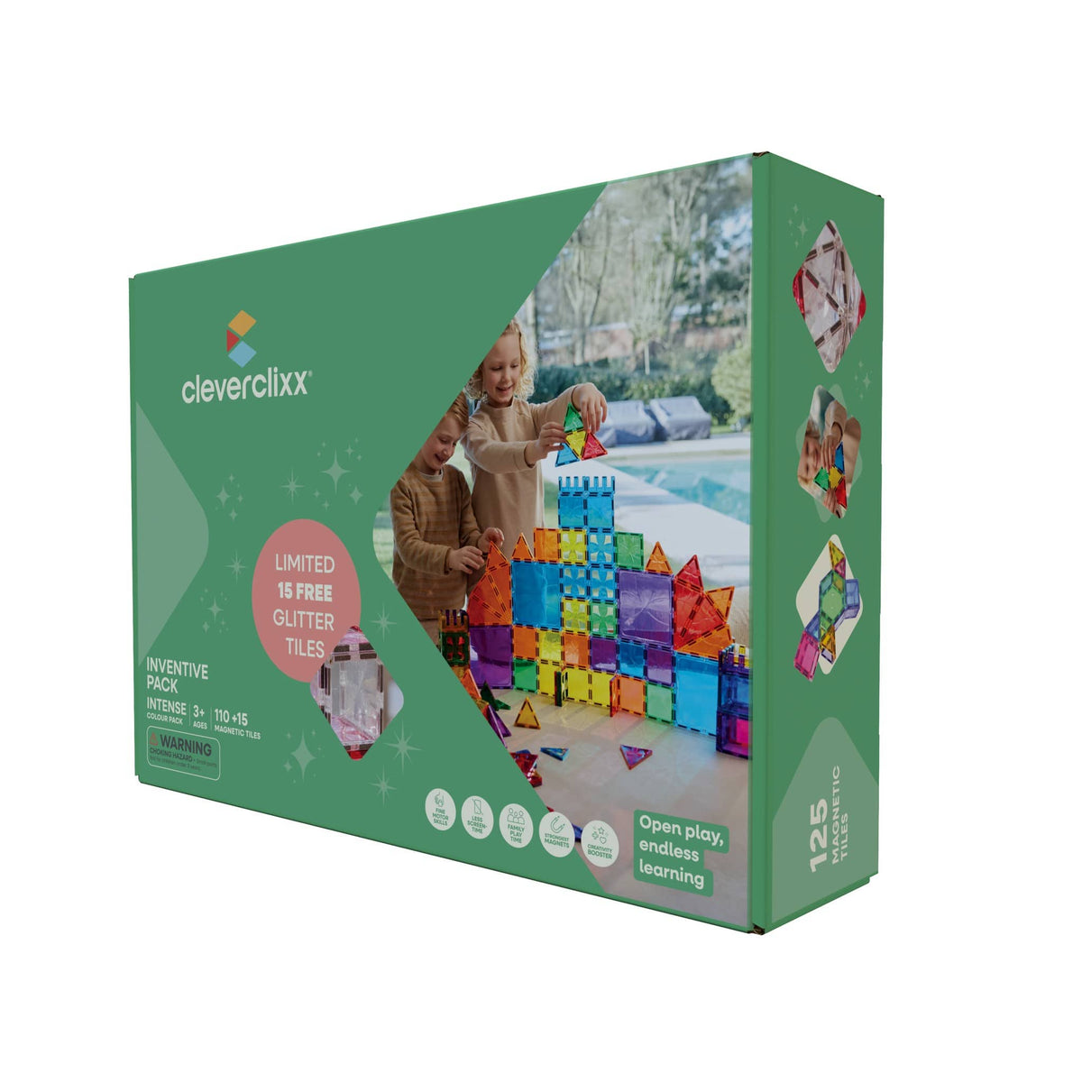 Cleverclixx Magnetic Tiles Cleverclixx Inventive Pack Intense - 110 Pieces + 15 Free Glitter Tiles