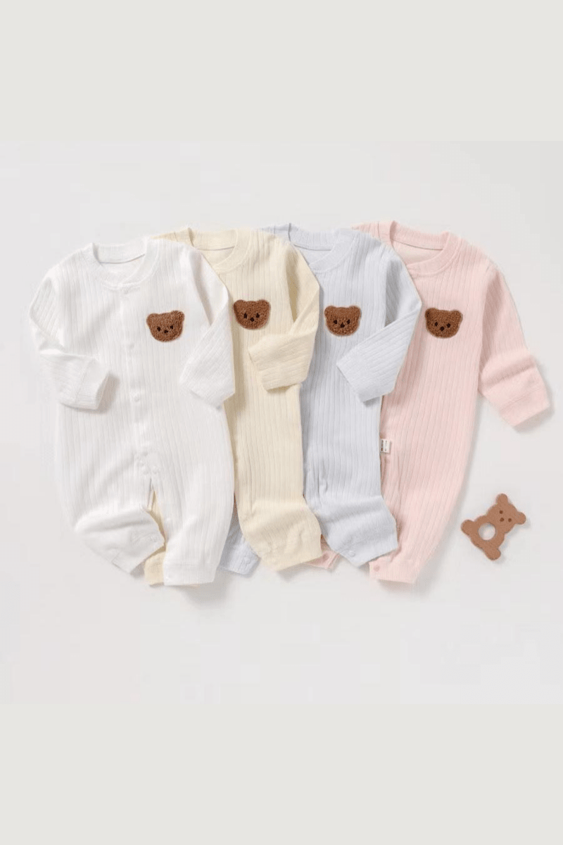 Cozy Crew Club ribbed cotton baby romper with bear patch