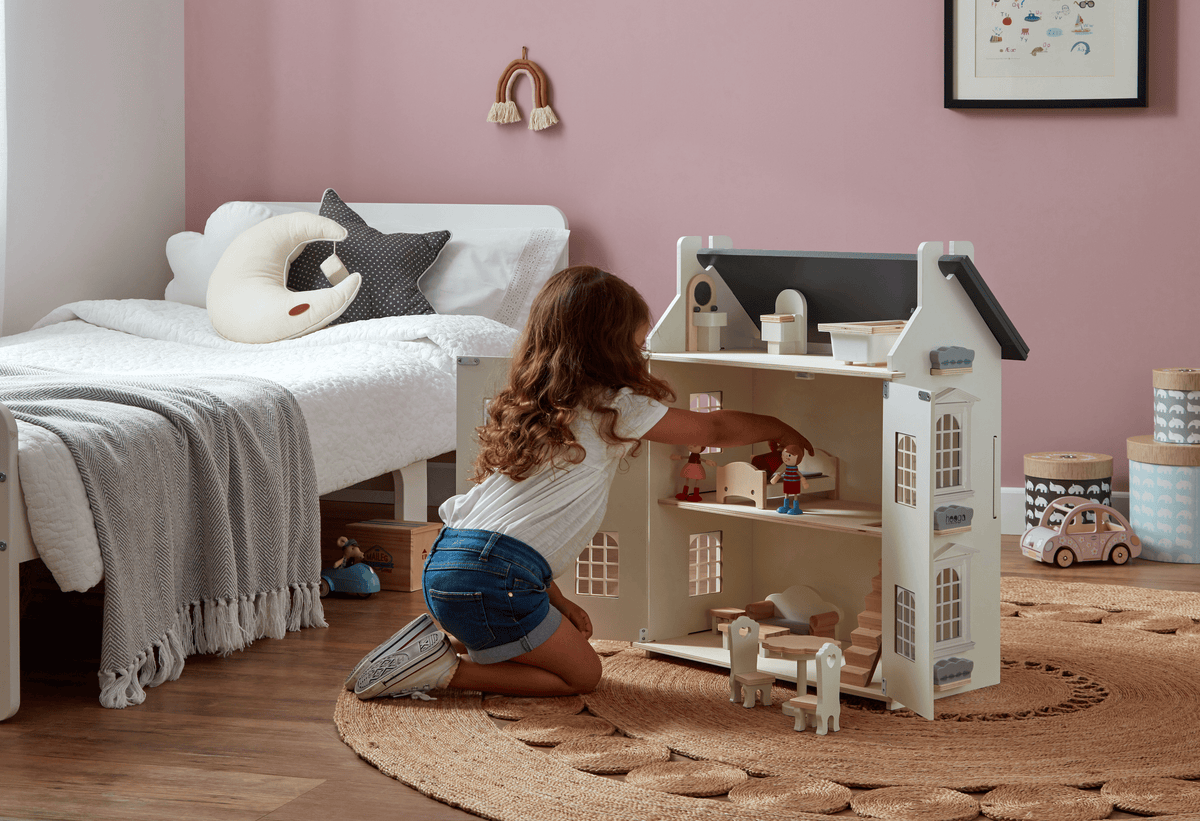 Hooga Playroom Dolls House Hooga Playroom Noble Wooden Dolls House with 11-Piece Furniture Set
