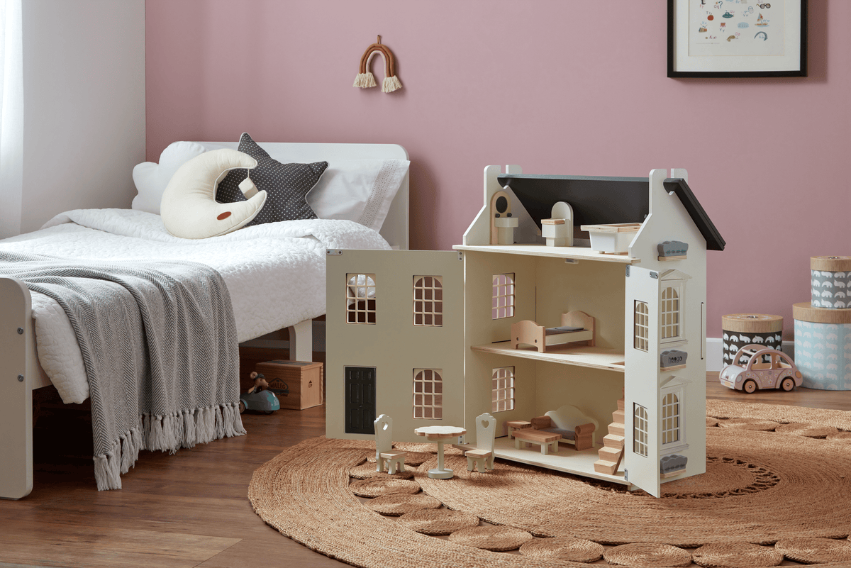 Hooga Playroom Dolls House Hooga Playroom Noble Wooden Dolls House with 11-Piece Furniture Set