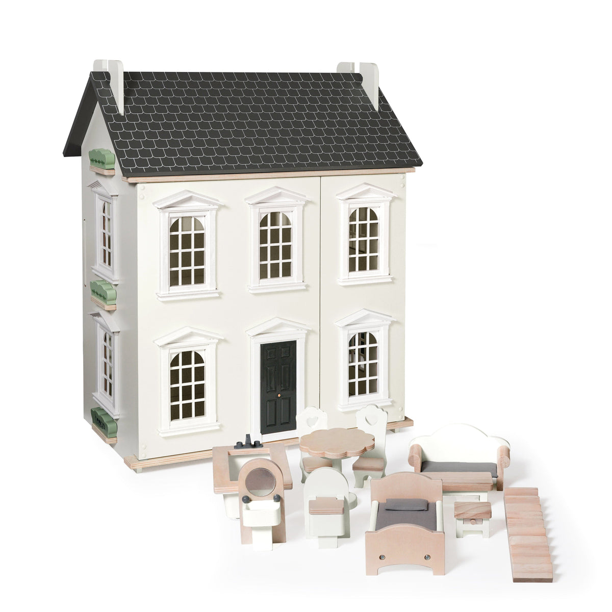 Hooga Playroom Dolls House Hooga Playroom Noble Wooden Dolls House with 11-Piece Furniture Set
