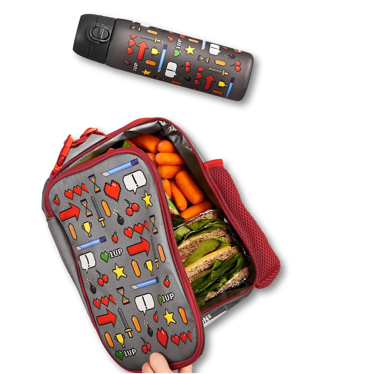 ION8 Gamer insulated lunch bag open with a packed lunch, next to the matching gamer water bottle