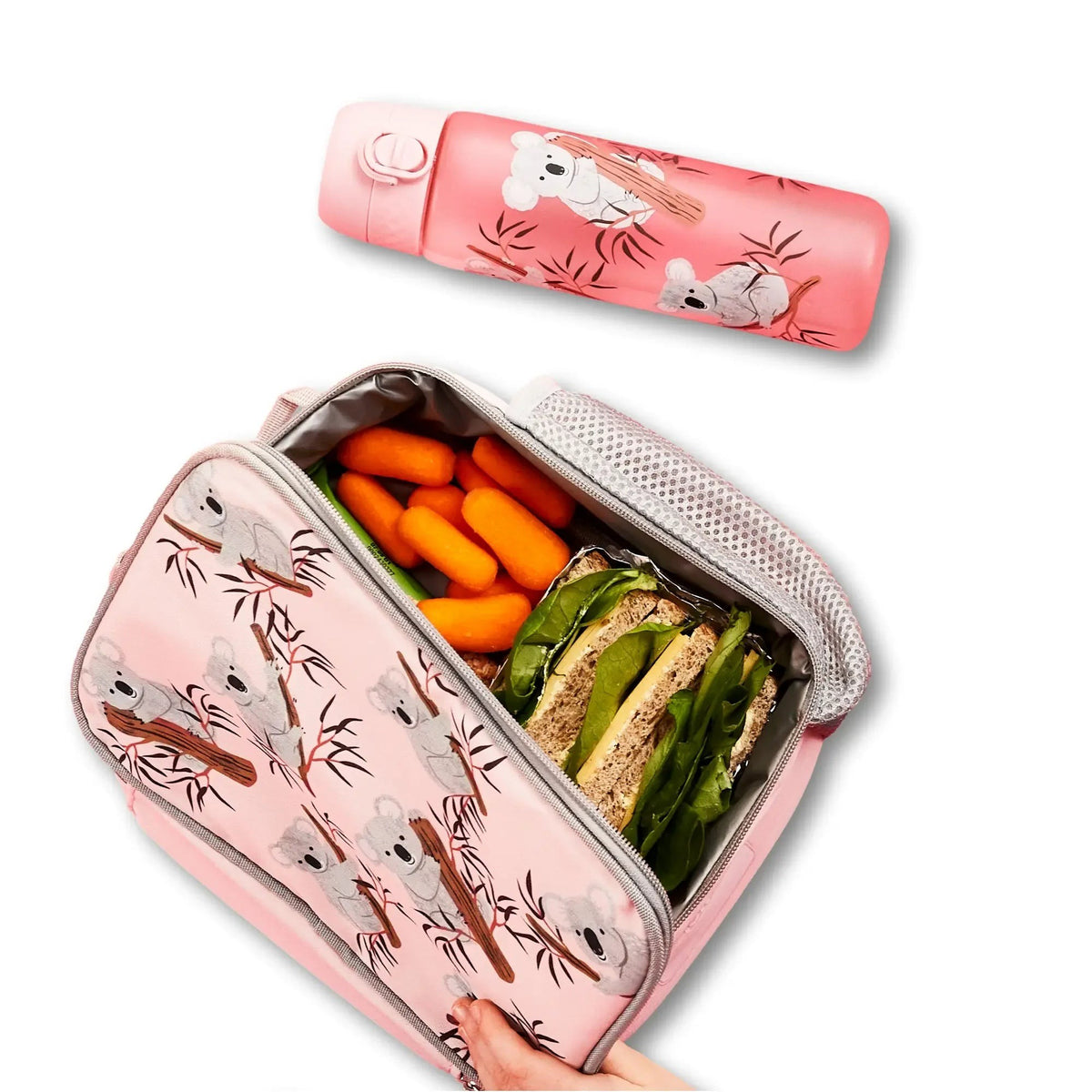 ION8 Koala insulated lunch bag open with a packed lunch, next to the matching koala water bottle