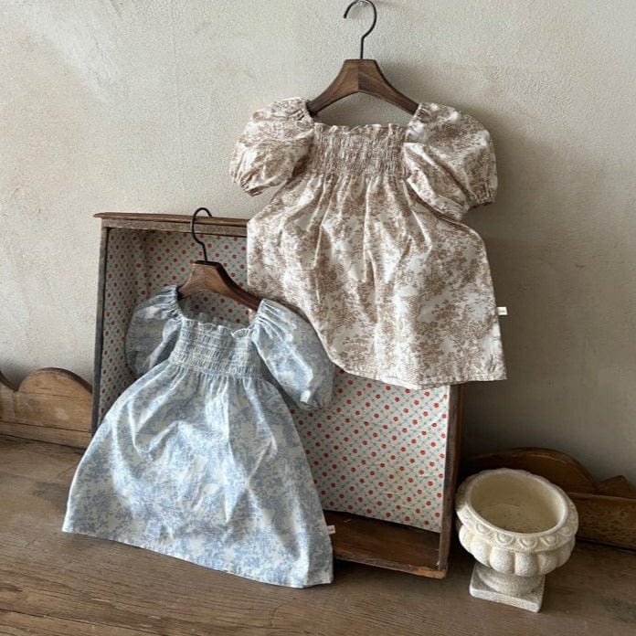 LALA Dress Girls Smocked Puff Sleeve Dress (Beige)
