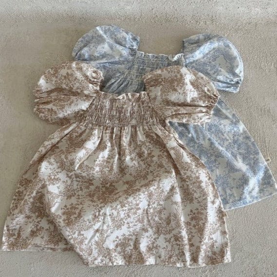 LALA Dress Girls Smocked Puff Sleeve Dress (Beige)