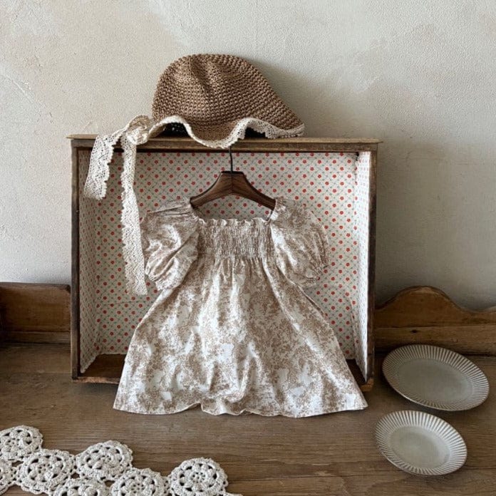 LALA Dress Girls Smocked Puff Sleeve Dress (Beige)