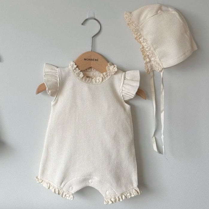 Monbebe Baby Romper Summer Frill Waffle Baby Romper + Bonnet (Cream)