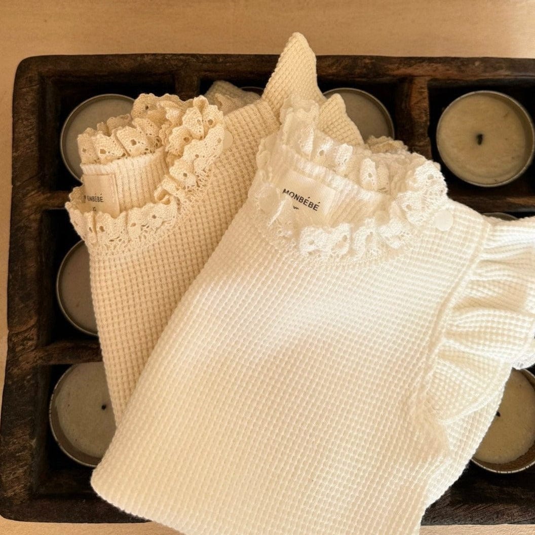 Monbebe Baby Romper Summer Frill Waffle Baby Romper + Bonnet (Cream)