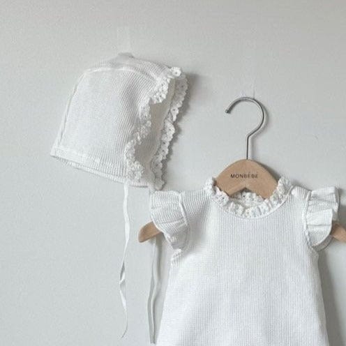 Monbebe Baby Romper Summer Frill Waffle Baby Romper + Bonnet (Ivory)