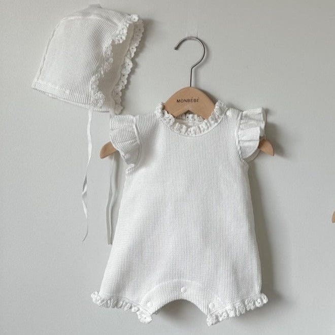 Monbebe Baby Romper Summer Frill Waffle Baby Romper + Bonnet (Ivory)