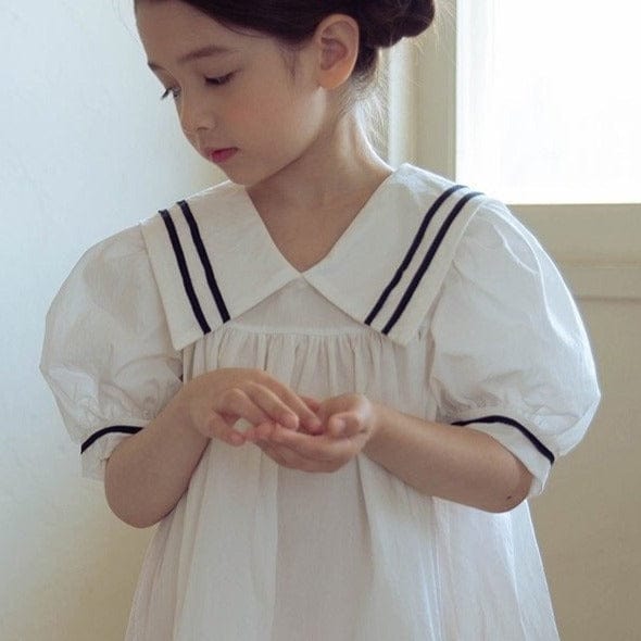 Nounou Dress Girls White Sailor Dress With Navy Trim