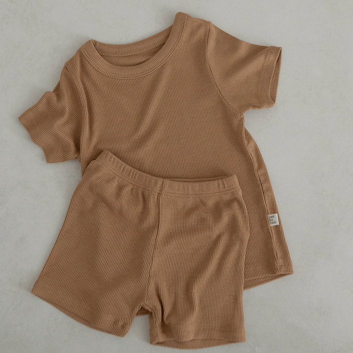 Peekaboo Set Unisex Ribbed Cotton Summer Shorts + T-shirt Set (Camel)