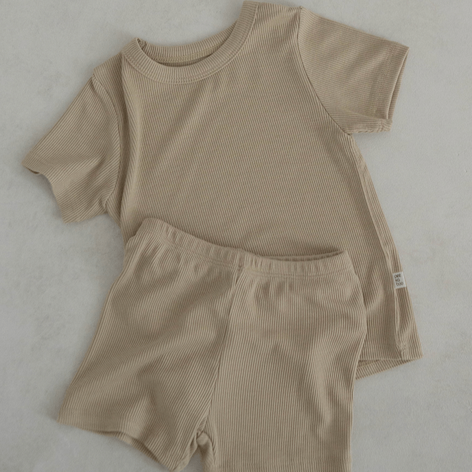 Peekaboo Set Unisex Ribbed Cotton Summer Shorts + T-shirt Set (Khaki)