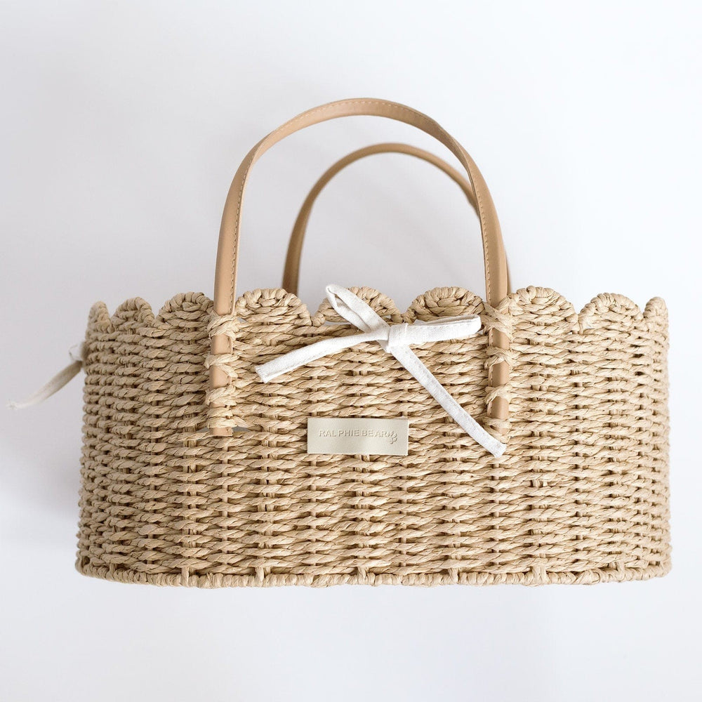 Ralphie Bear scallop edge nappy caddy basket with a cream bow