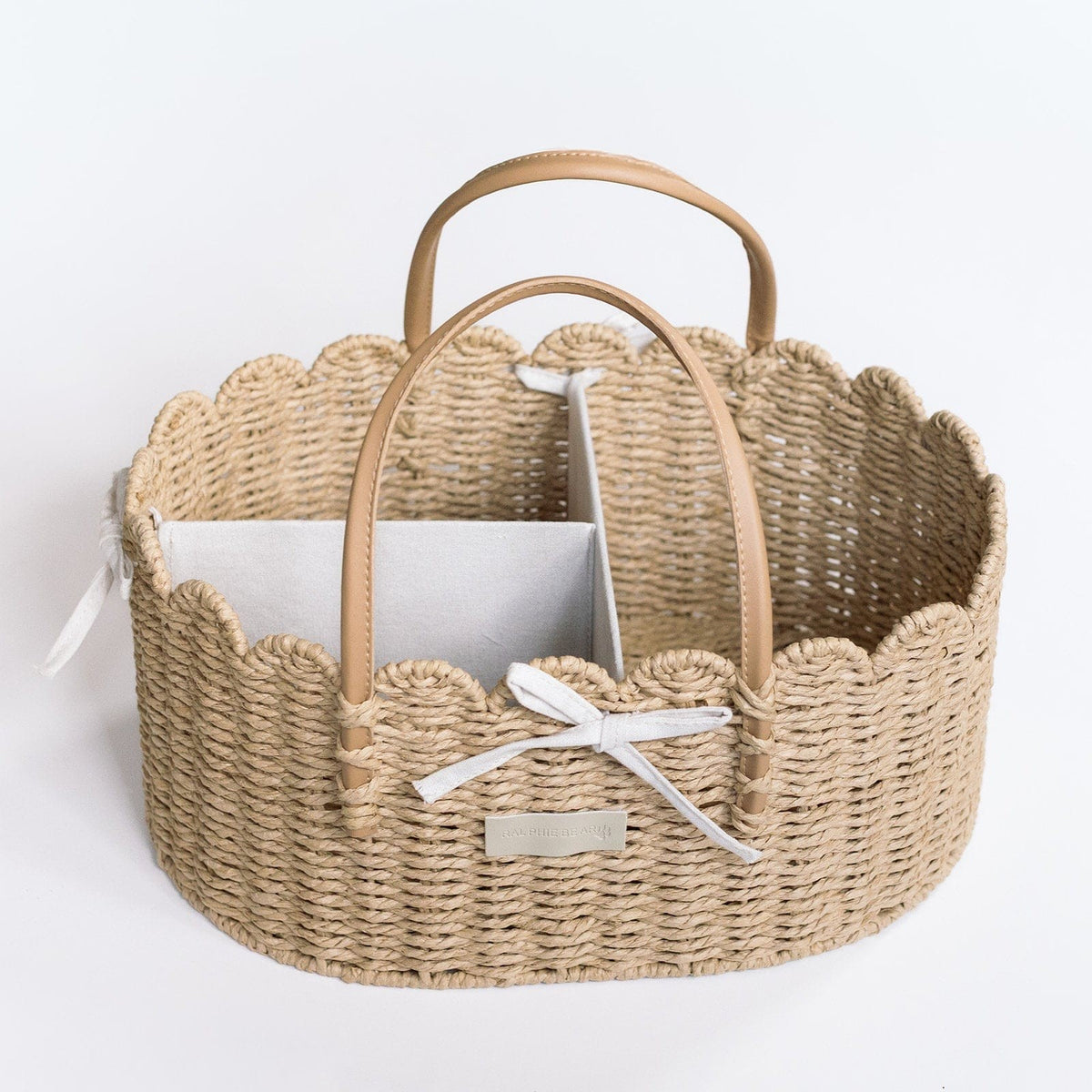 Inside the Ralphie Bear scallop edge nappy caddy, showing its roomy compartments