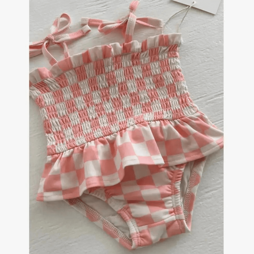 Siix Collection Swimsuit SIIX Collection Girls Pink Smocked Checkerboard Swimsuit with Frill