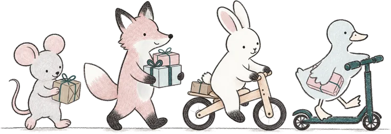 Mouse, fox, rabbit and duck delivering parcels