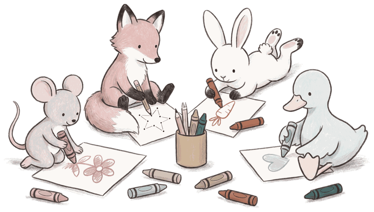 Fox, rabbit, duck and mouse colouring in with crayons