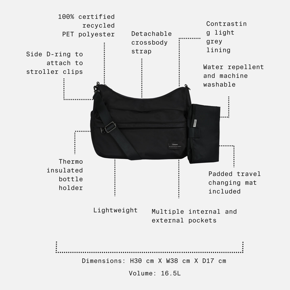 Finnson Clara Changing Bag with Changing Mat - Black