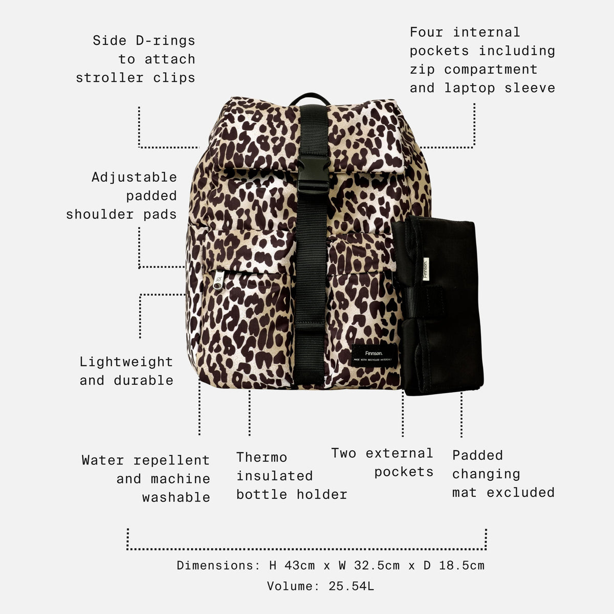 Finnson Elise Changing Backpack with Changing Mat - Leopard