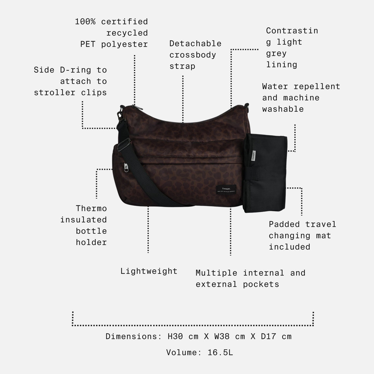 Finnson Clara Changing Bag with Changing Mat - Chocolate Leopard