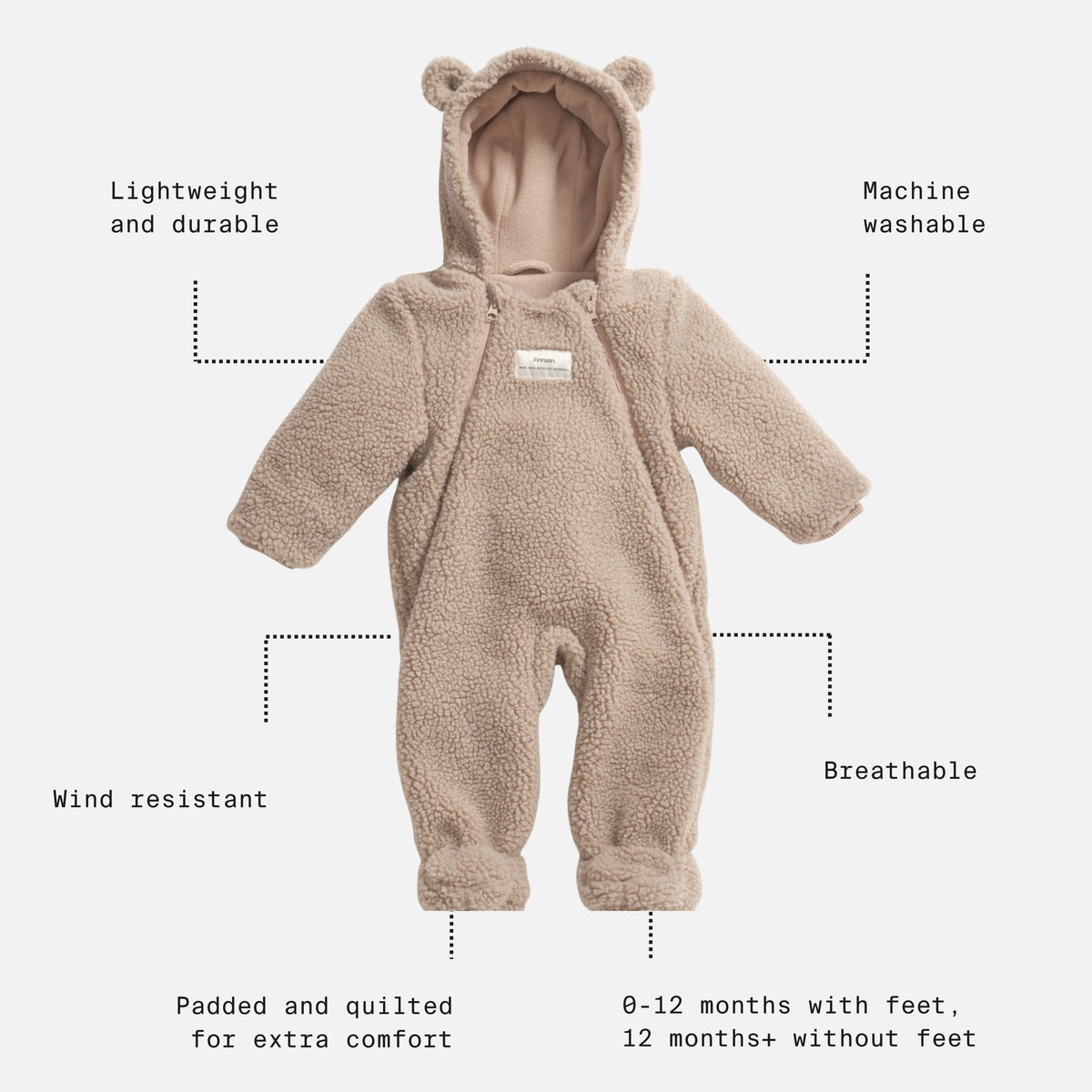 Finnson Alf Teddy Borg Pramsuit - Beige (Footless)