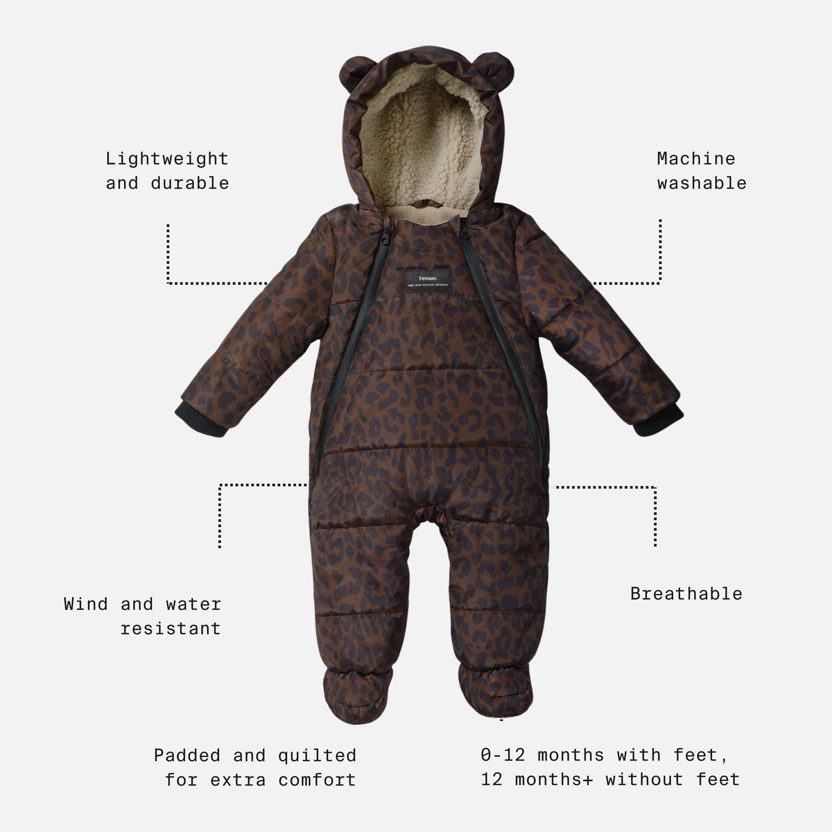 Finnson Anders Water-Repellent Snowsuit - Chocolate Leopard (With Feet)