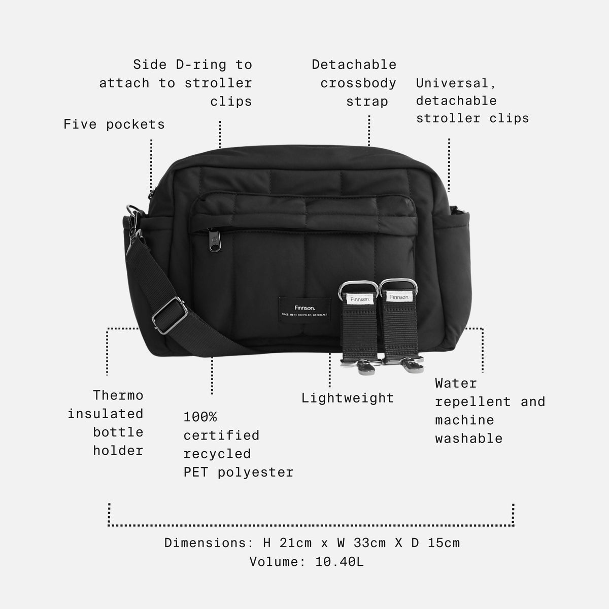 Finnson Freya Oversized Stroller Organiser with Clips - Black