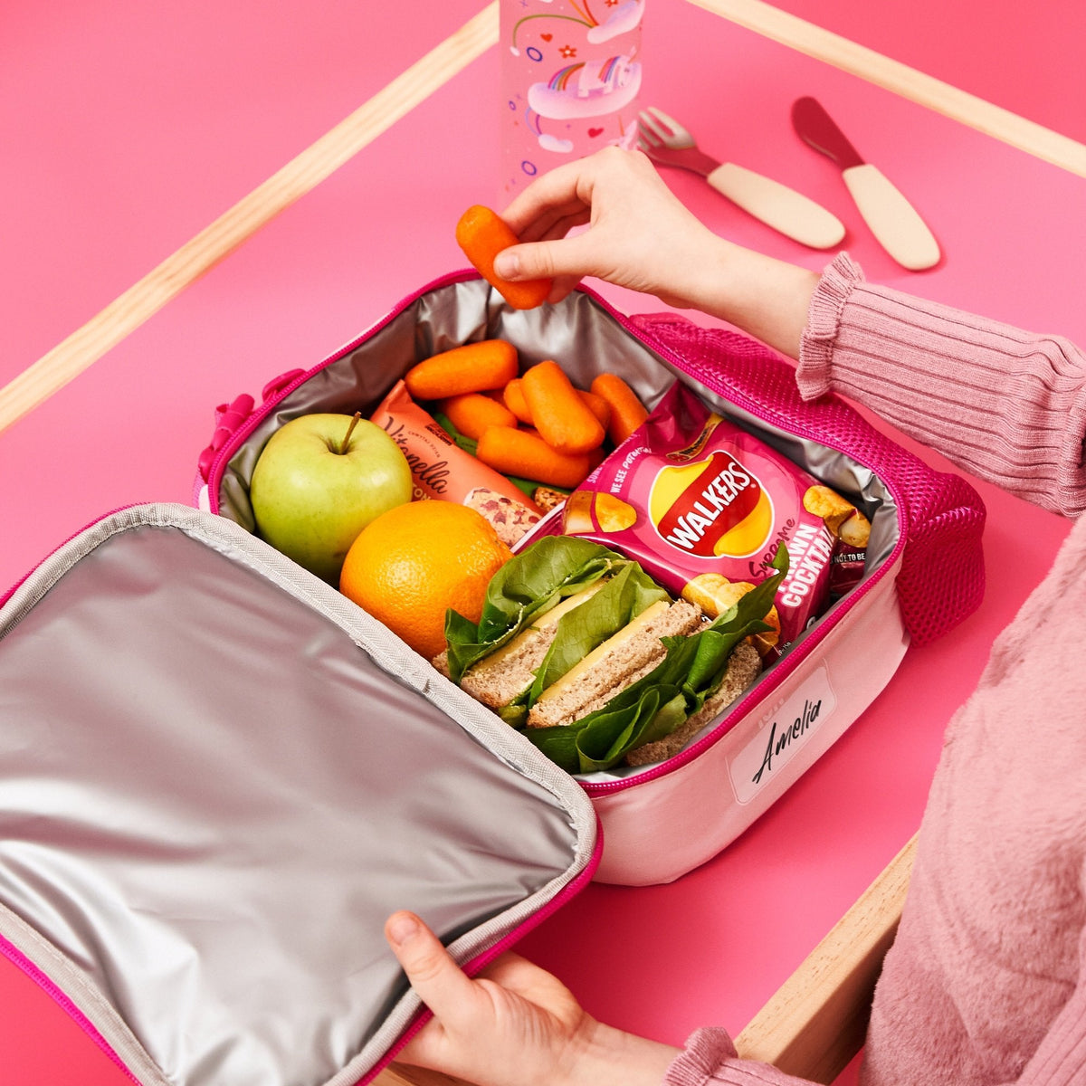 ION8 Unicorn Rainbows lunch bag and bottle set in use, packed with a healthy lunch