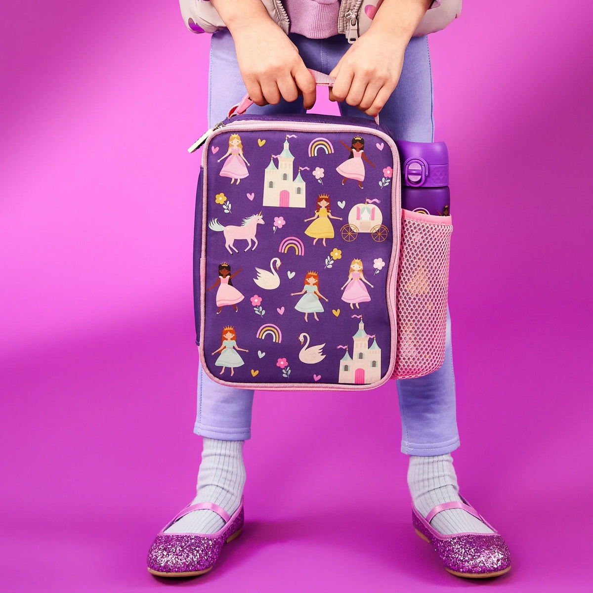 ION8 Princess lunch bag and bottle set in use, carried by a child