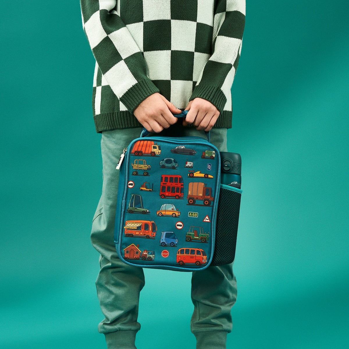 ION8 Automobiles lunch bag and bottle set in use, carried by a child