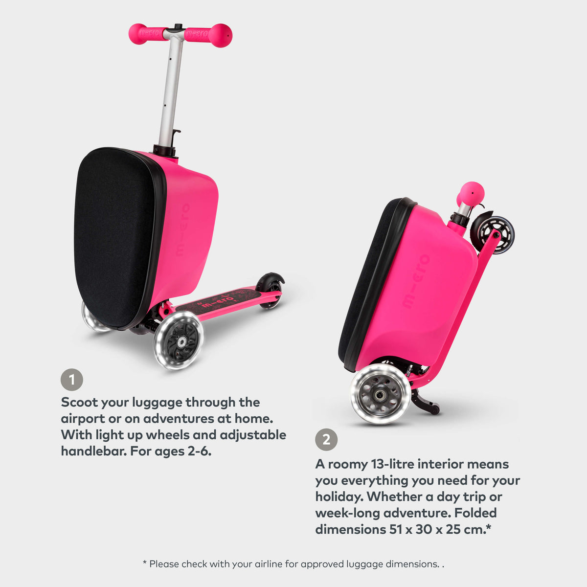 Micro Mini Micro LED Luggage Scooter - Pink