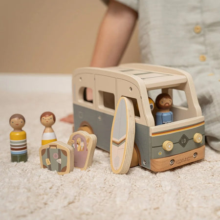 Little Dutch wooden campervan with peg people and surfboard