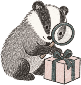 Badger looking at a wrapped present through a magnifying glass
