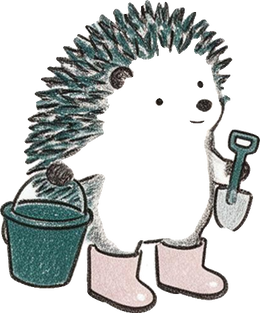 Hedgehog in wellies with a bucket and spade