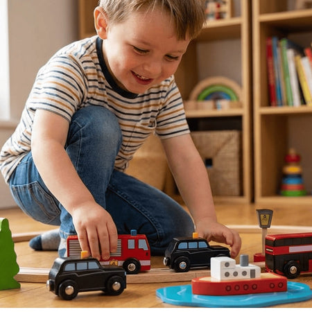 Little boy playing with Bigjigs Rail wooden city vehicles