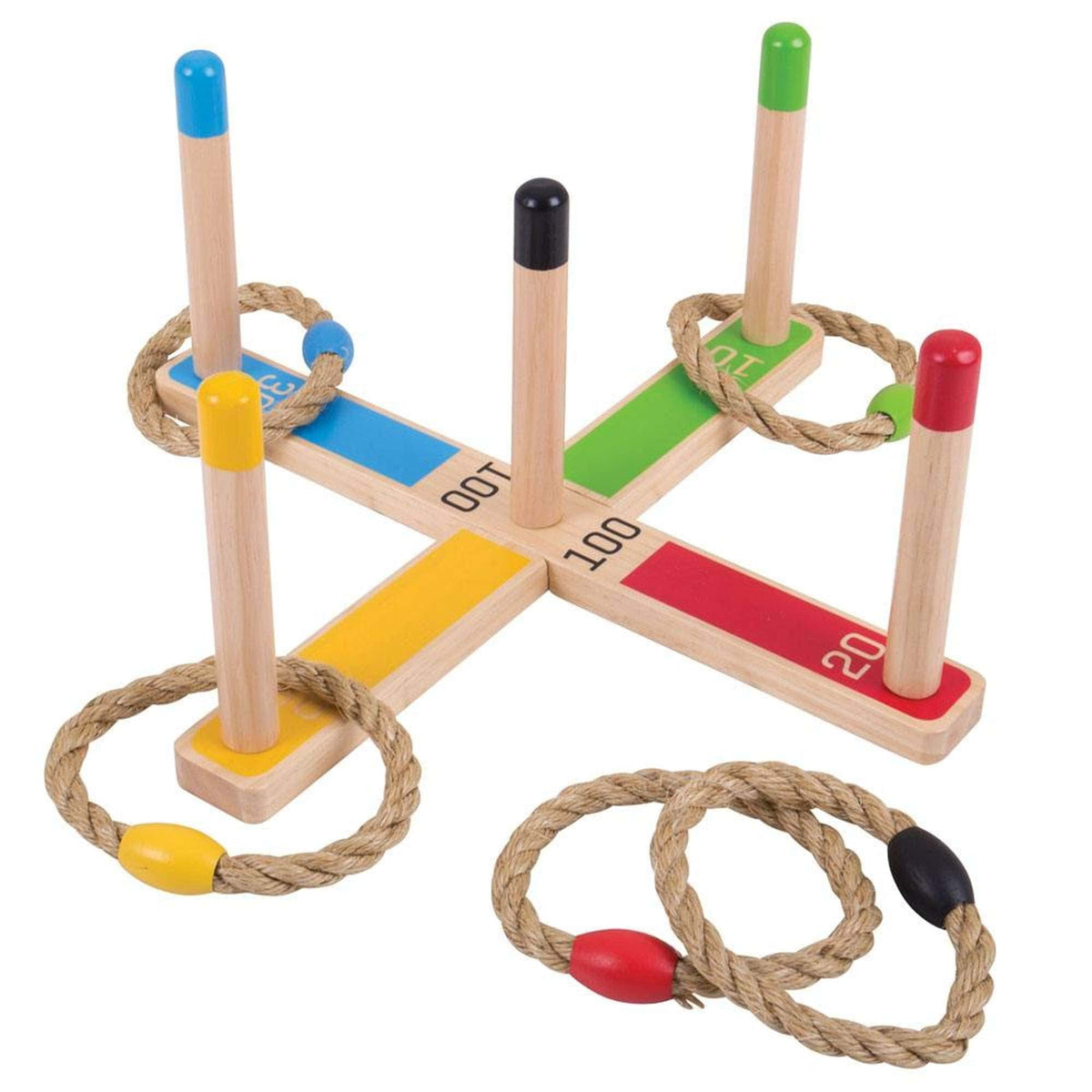 Bigjigs Wooden Quoits Game with numbered scoring arms, coloured pegs and rope rings
