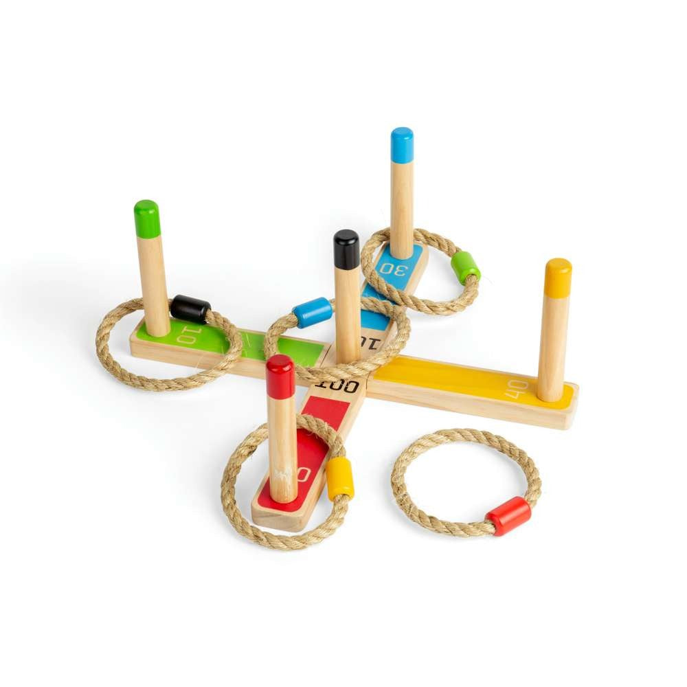 Bigjigs Wooden Quoits Game with a wooden peg base and colourful throwing rings
