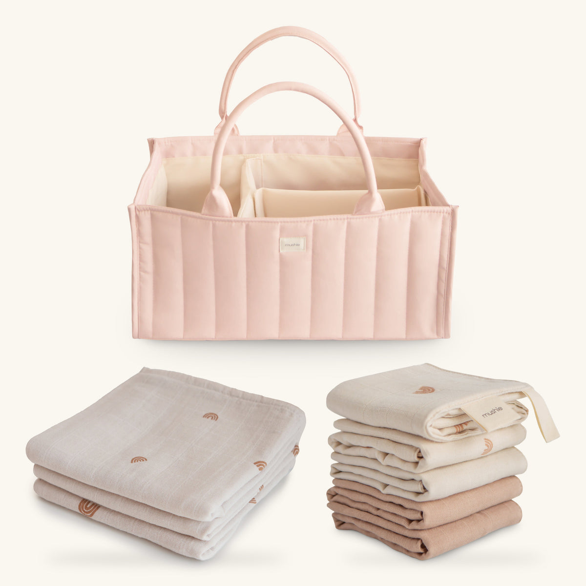 Blush Nappy Caddy Set - Mushie Nappy Caddy, Muslin Cloths & Washcloths