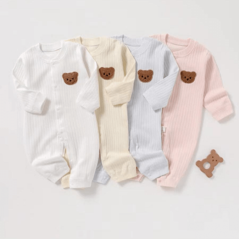 Cozy Crew Club ribbed cotton baby romper with bear patch