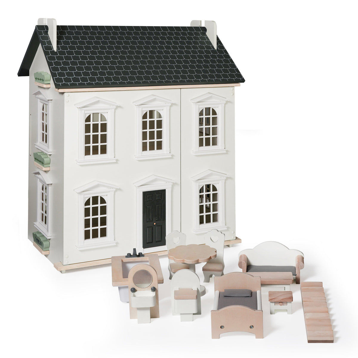 Hooga Playroom Dolls House Hooga Playroom Noble Wooden Dolls House with 11-Piece Furniture Set