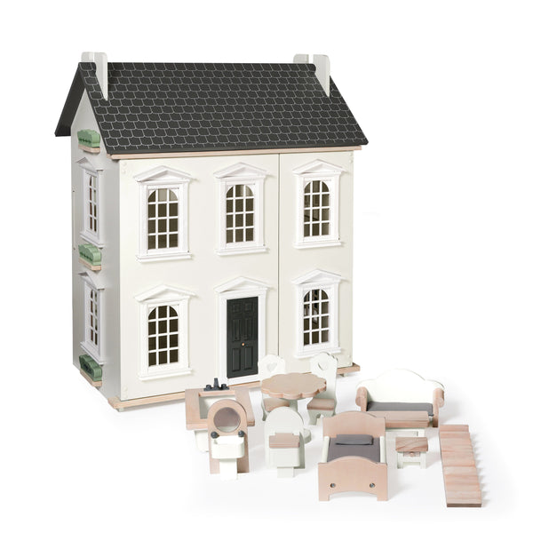 Hooga Playroom Dolls House Hooga Playroom Noble Wooden Dolls House with 11-Piece Furniture Set