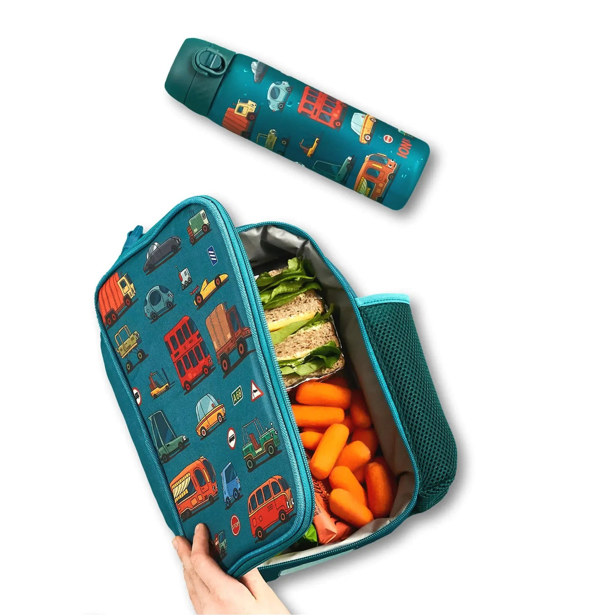 ION8 Automobiles insulated lunch bag open with a packed lunch, next to the matching automobiles water bottle