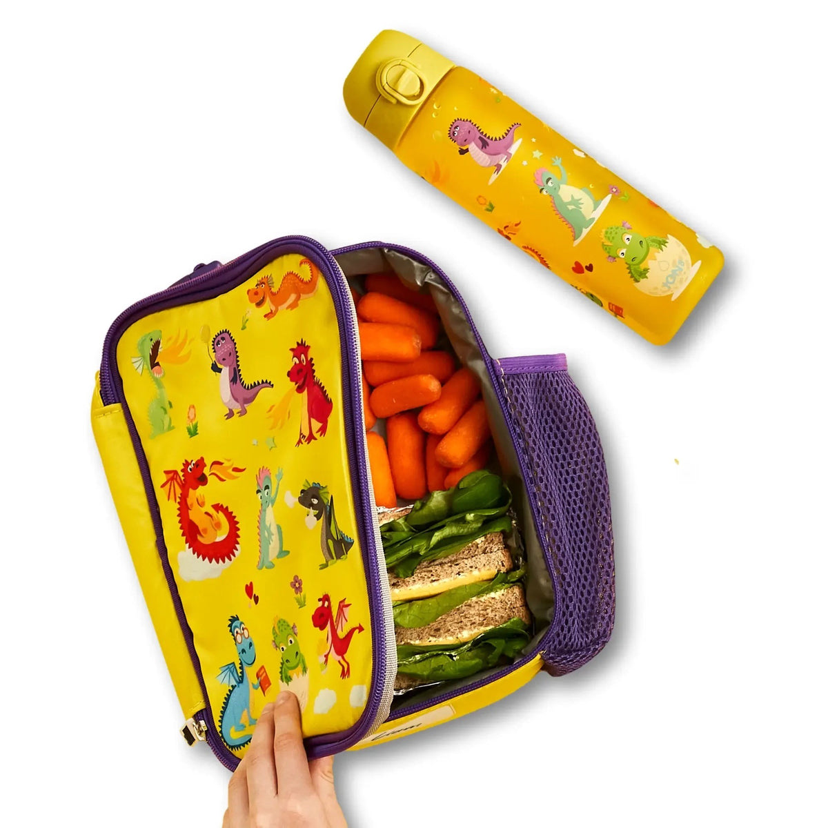ION8 Dragons insulated lunch bag open with a packed lunch, next to the matching dragons water bottle