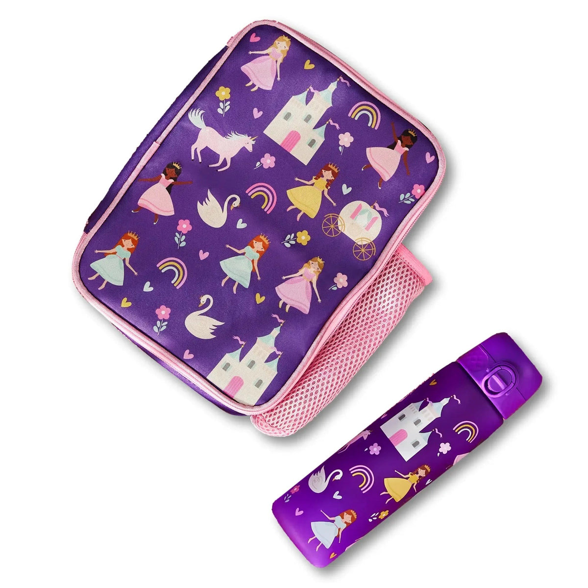 ION8 Princess insulated lunch bag open with a packed lunch, next to the matching princess water bottle