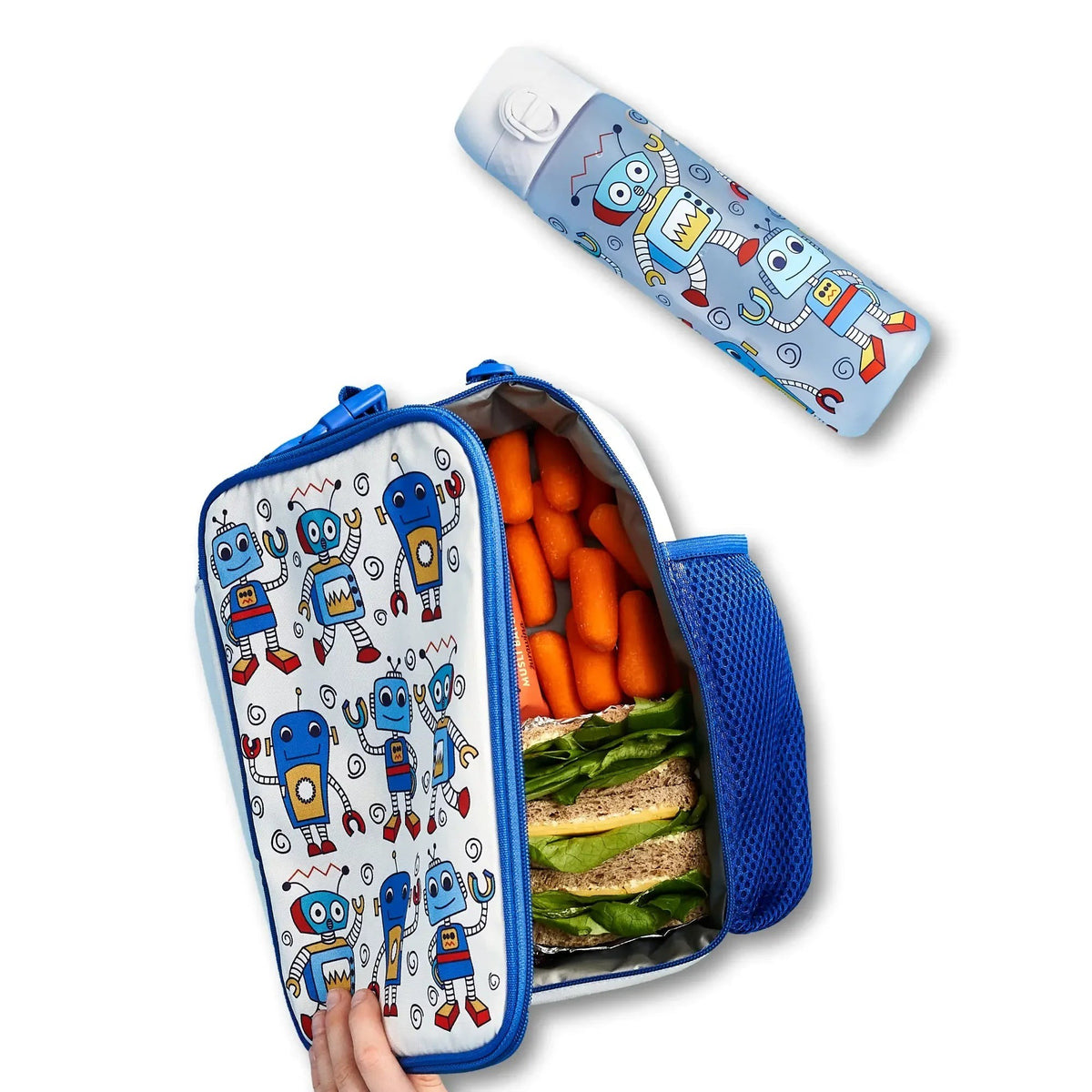 ION8 Robots insulated lunch bag open with a packed lunch, next to the matching robots water bottle