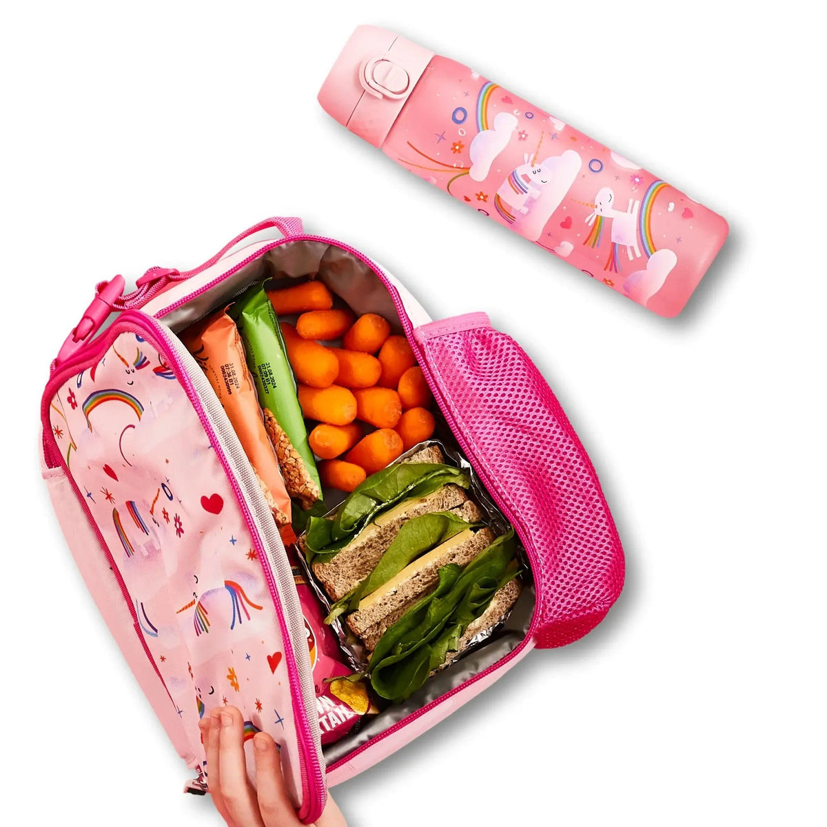 ION8 Unicorn Rainbows insulated lunch bag open with a packed lunch, next to the matching unicorn rainbows water bottle